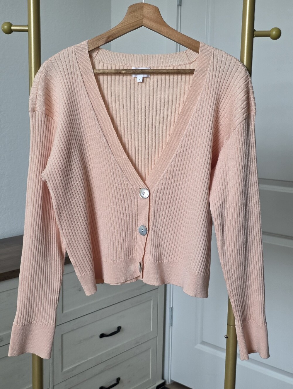 LPA Jersey Adina Cardigan, Medium, Cropped, Baby Pink, V-neck, Ribbed Cardigan - Picture 2 of 7
